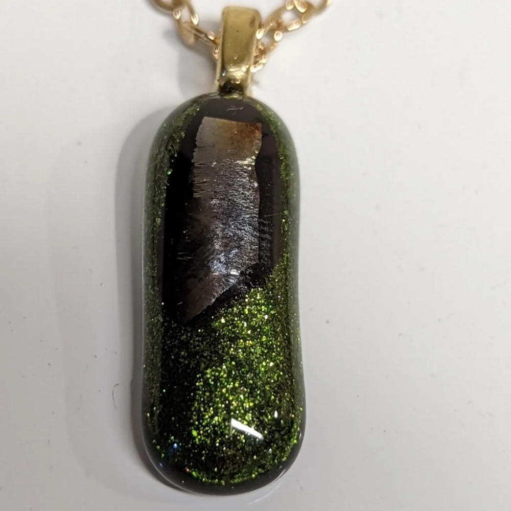 Artisan Handmade  Dichroic glass green pendant necklace with gold chain